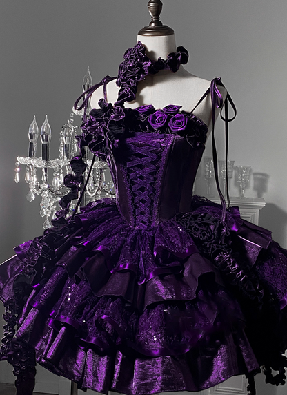 Purple Roses Neckline Lolita Goth Boning Dress Sequins Tiered Ruffle Dress DP4493