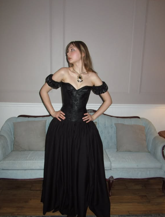 Black A Line Off the Shoulder Print Floral Satin Prom Dress Evening Dress DP3992
