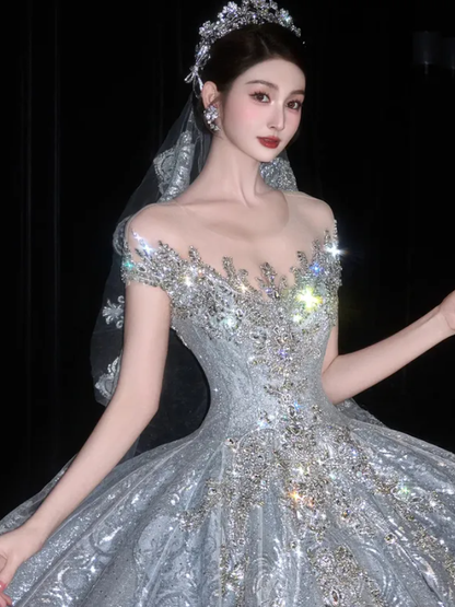 Shiny Ball Gown Off the Shoulder Beaded Silver Sequin Long Prom Dress Wedding Dress DP4644