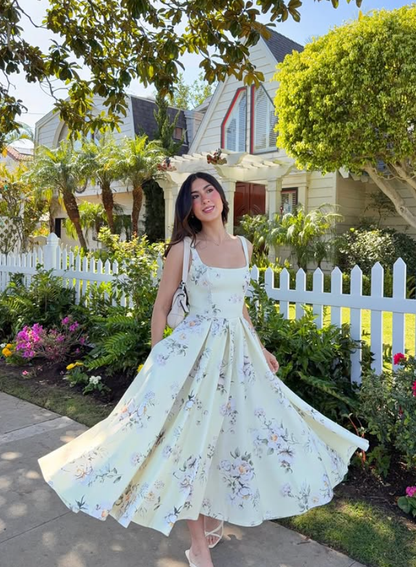 Pretty A Line Straps Print Floral Satin Prom Dress Evening Dress Vacation Dress DP5607