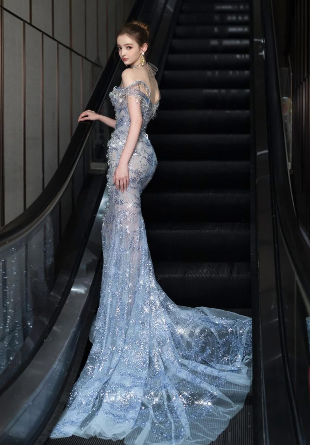 Dreamy Blue Ball Gown Off the Shoulder Exquisite Beaded Sequin Tulle Prom Dress DP4385