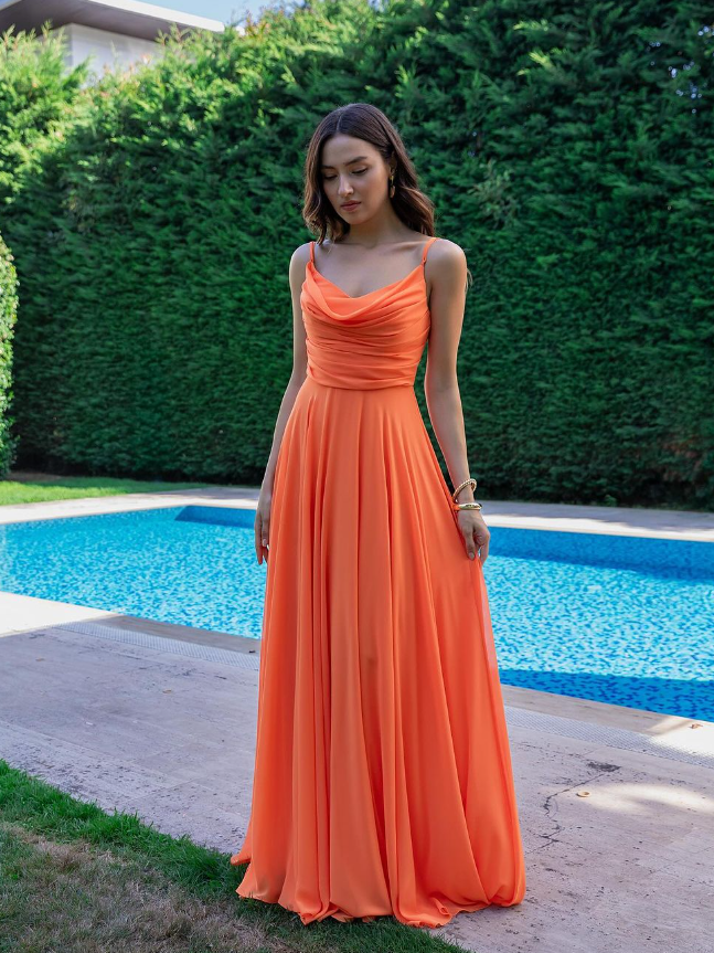 Orange Line Spaghetti Straps Chiffon Prom Dress Formal Dress Party Dress DP3503