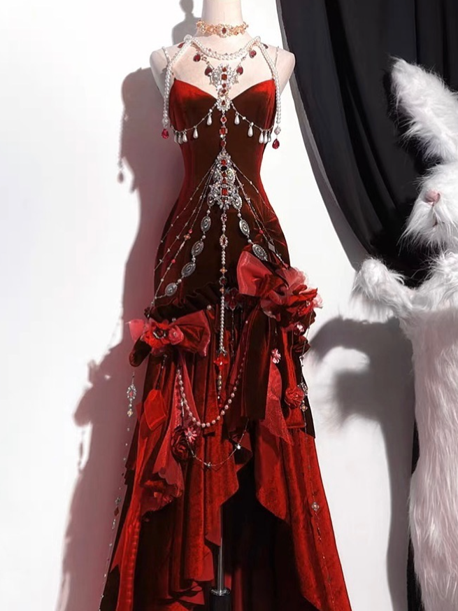 Stunning Burgundy Mermaid Spaghetti Strap Ruffle Velvet Prom Dress DP4156(Accessories not included)