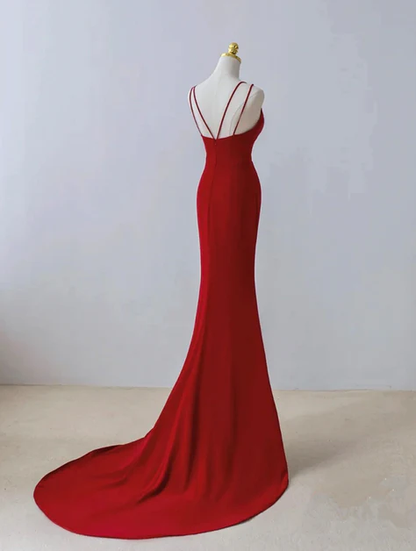 Pretty Red Mermaid Straps Long Evening Dress Slit Prom Dress DP385