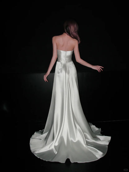 Simple Glossy A Line Strapless White Satin Wedding Dress DP5202