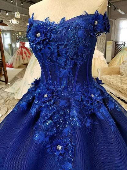 Royal Blue Off-The-Shoulder Evening Dress Appliques Formal Prom Dress Quinceanera Dress Ball Gown DP157