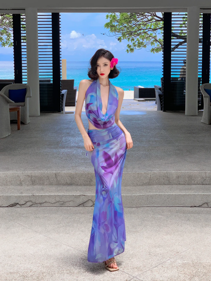 Two Piece Mermaid Halter Purple Print Floral Chiffon Long Prom Dress Outfits DP3849