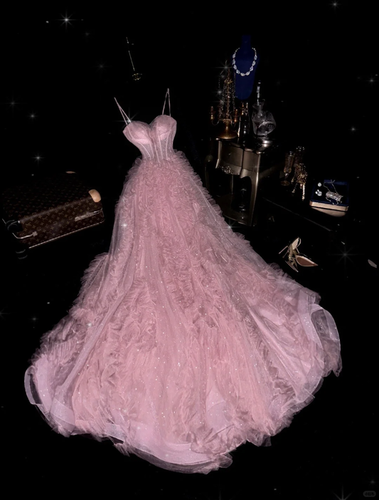 Princess Pink A Line Spaghetti Strap Corset Tulle Prom Dress 21th Birthday Dress DP3892