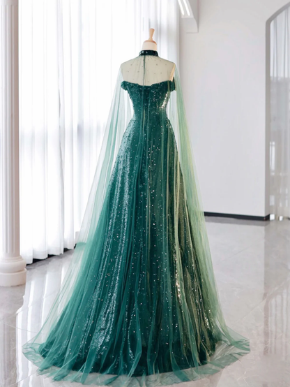 Elegant Tulle Sequin Green Long Prom Dress Formal Evening Dress DP641