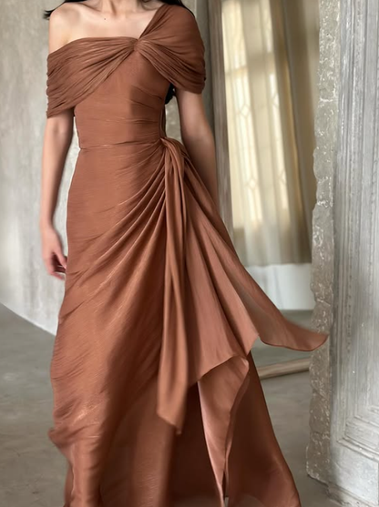 Flowy Brown A Line Satin Long Prom Dress Evening Dress DP6131