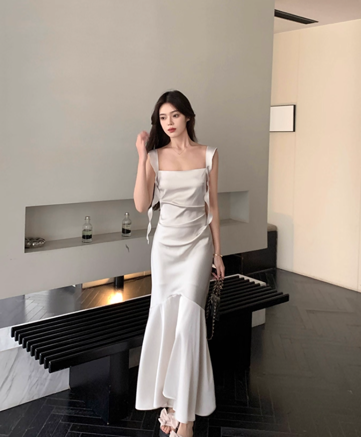 Elegant White Mermaid Straps Satin Prom Dress Formal Dress Evening Dress DP3451