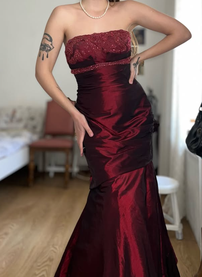 Vintage Burgundy Mermaid Strapless Beaded Satin Prom Dress Evening Dress Date Dress DP5702
