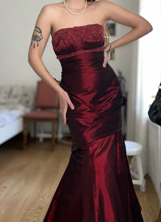 Vintage Burgundy Mermaid Strapless Beaded Satin Prom Dress Evening Dress Date Dress DP5702
