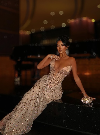 Sexy Sheath V Neck Exquisite Rhinestone Corset Tulle Satin Long Prom Dresses DP4624