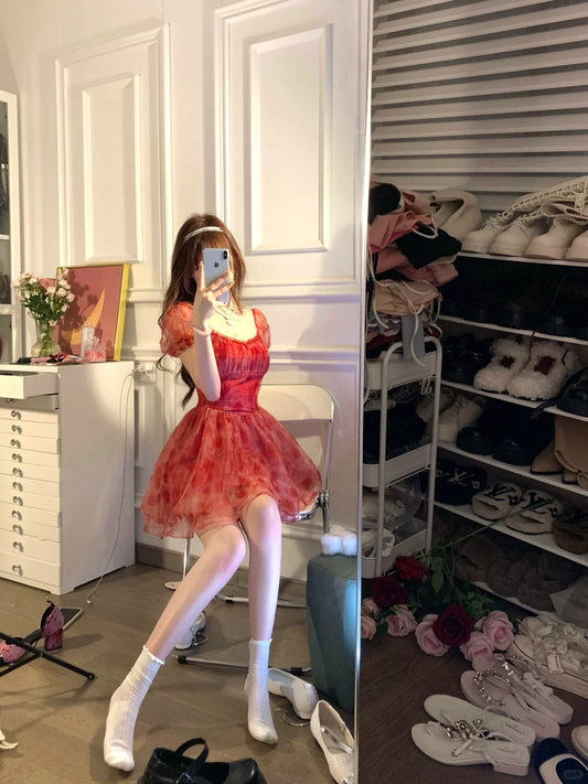 Cute A Line Puff Red Print Floral Chiffon Short Homecoming Dress Cocktail Dress DP2671