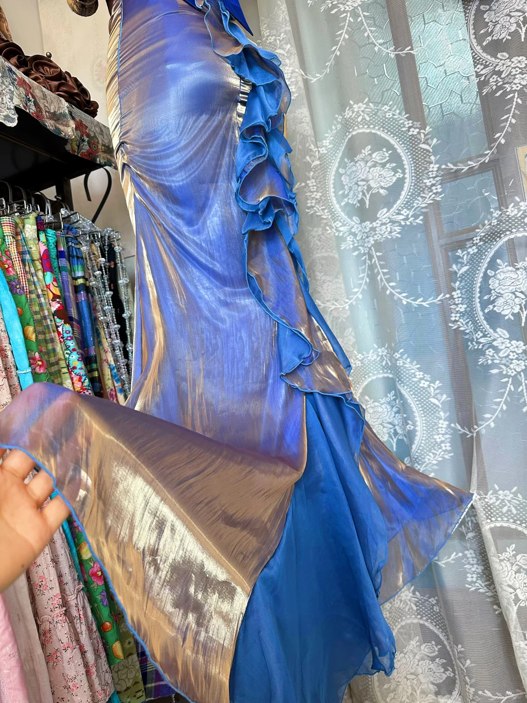 Vintage Mermaid Strapless Applique Blue Satin Tulle Prom Dress Evening Dress DP8254