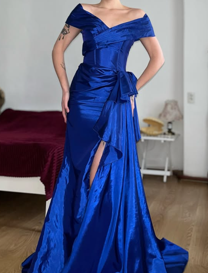 Vintage Royal Blue Mermaid V Neck Satin Slit Prom Dress Evening Dress Date Dress DP5706
