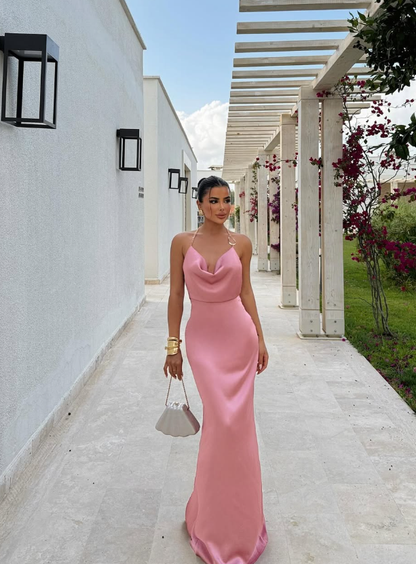 Gentle Pink Sheath Halter Satin Backless Long Prom Dress Party Dress DP8207