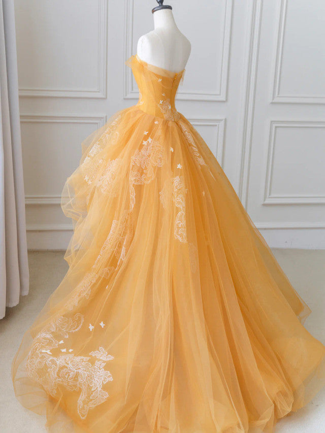 Orange A Line Strapless Applique Tulle Long Prom Dress DP790
