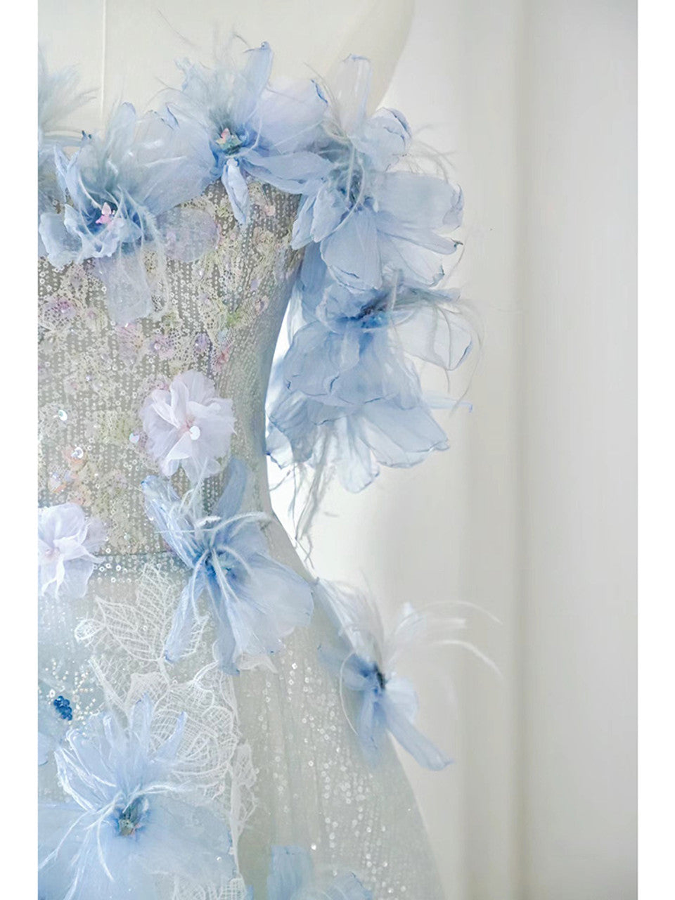 Blue A Line Off-the-shoulder Flower Sequins Tulle Prom Dress DP819