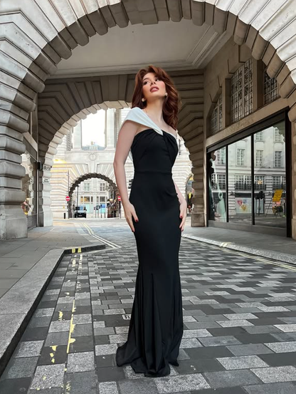 Classic Black-White Mermaid Straps Satin Long Prom Dress Evening Dress DP4316