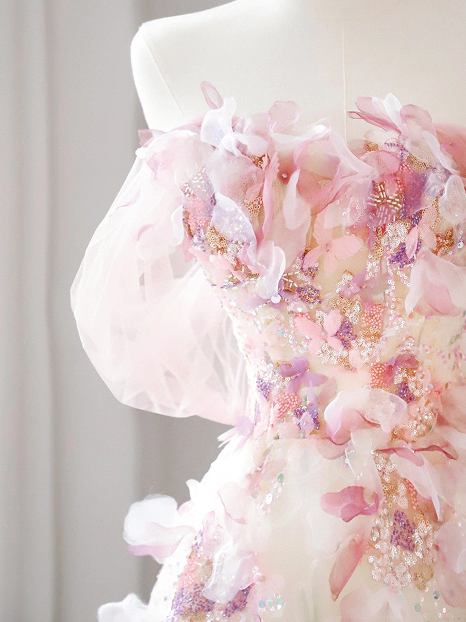 A Line Off the Shoulder Pink Sequins 3D Flower Tulle Long Prom Dress DP1432