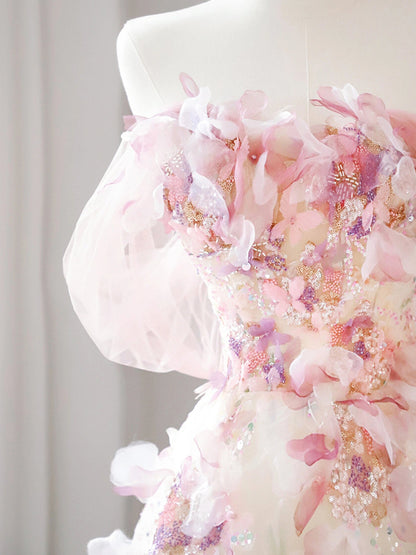 A Line Off the Shoulder Pink Sequins 3D Flower Tulle Long Prom Dress DP1432