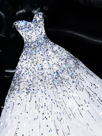 Shiny A Line Sweetheart Neck Sequin White Tulle Long Prom Dress Evening Dress DP1956