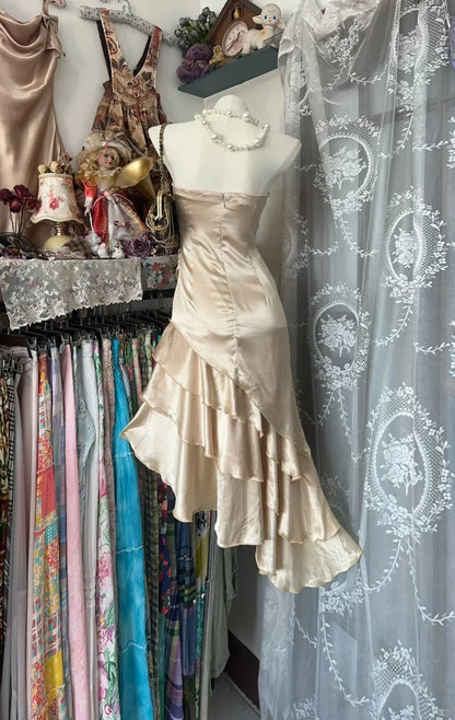 Champagne Mermaid Strapless Short Ruffle Satin Homecoming Dress Birthday Dress DP4006