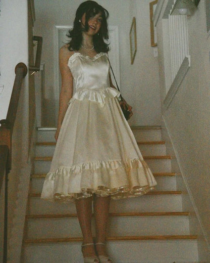 Ivory Straps A-Line Satin Midi Length Party Dress Homecoming Dress DP7569