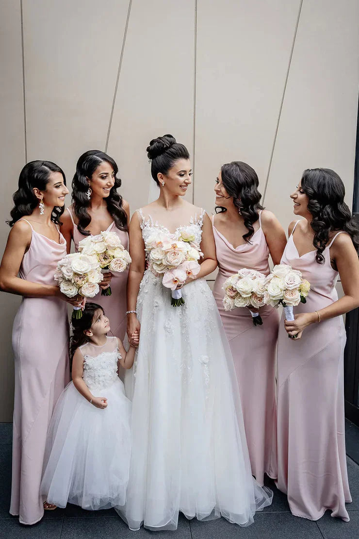 Pink Sheath Spaghetti Straps Long Bridesmaid Dress DP5546