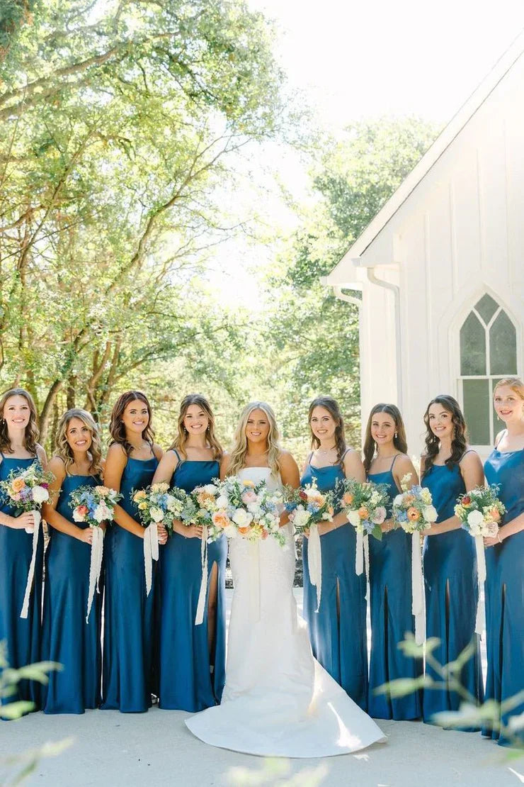 Simple Mermaid Spaghetti Straps Blue Long Bridesmaid Dresses with Bow Back DP5550