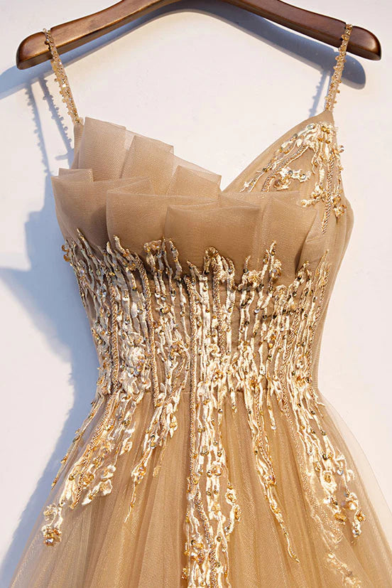 Champagne A Line Spaghetti Straps Appliques Tulle Long Evening Dress Prom Dress DP1300