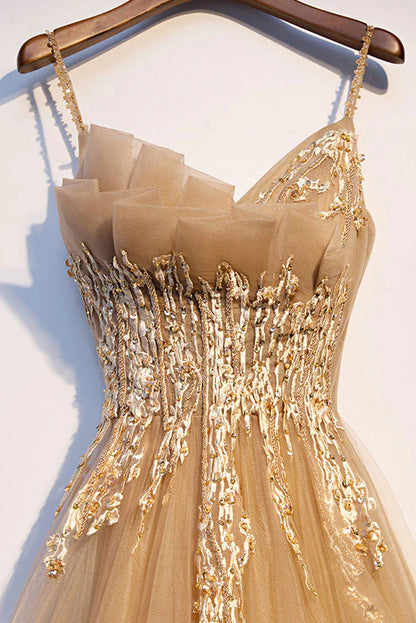 Champagne A Line Spaghetti Straps Appliques Tulle Long Evening Dress Prom Dress DP1300