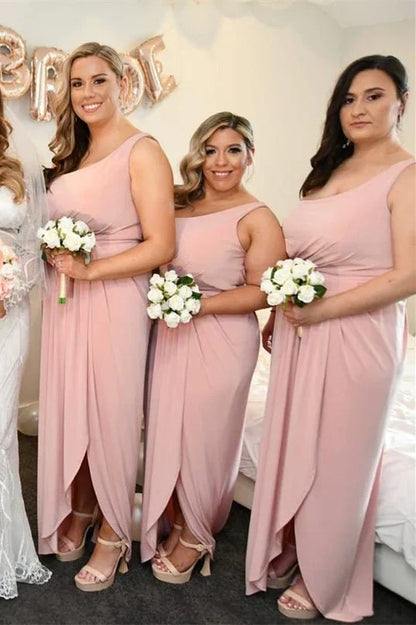 Pink One Shoulder Faux-Wrap Satin Long Bridesmaid Dress DP5555