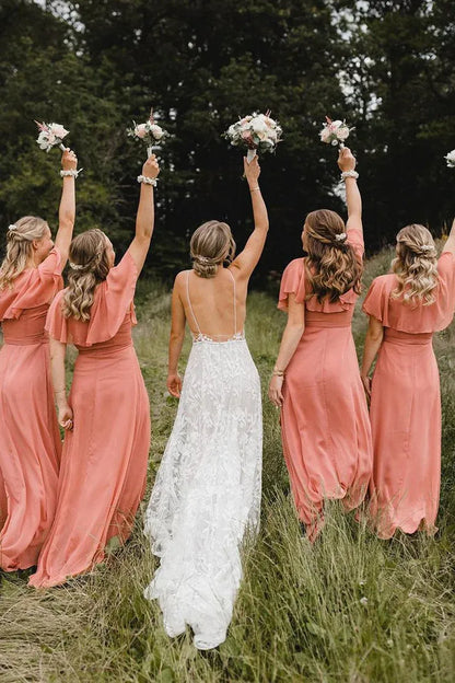 Simple A-Line Coral Chiffon Long Bridesmaid Dresses DP5549