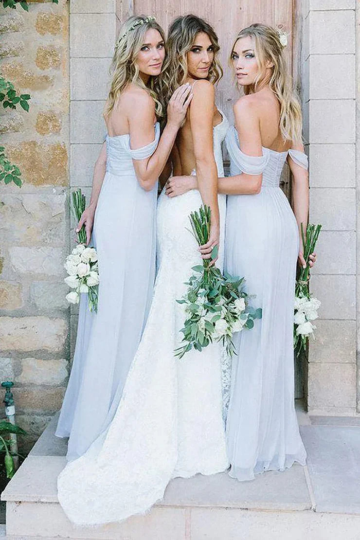 Light Blue A-Line Off the Shoulder Long Chiffon Boho Bridesmaid Dress DP5541