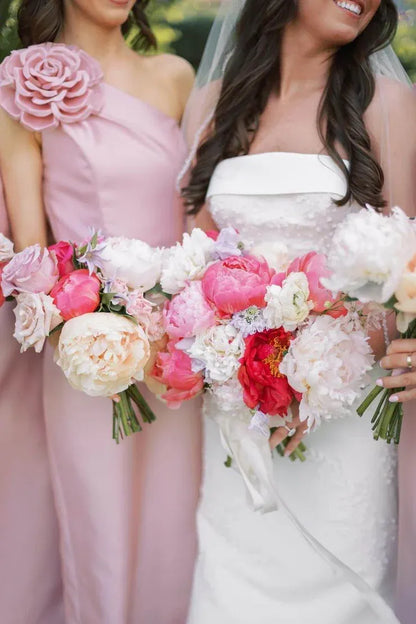 Pink One Shoulder Sheath Flower Sleeveless Satin Long Bridesmaid Dress DP5547