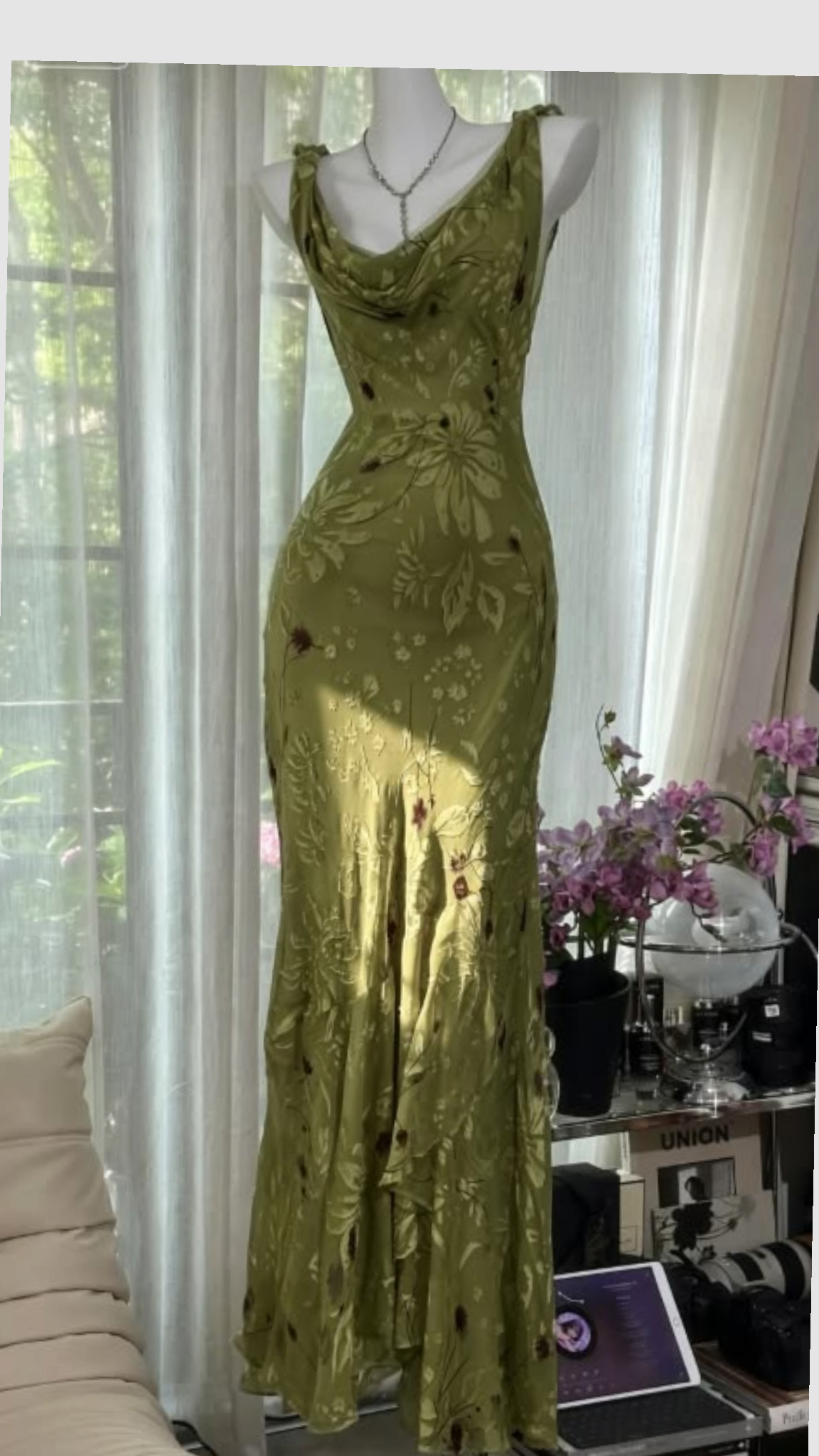 Elegant Green Sheath V Neck Print Chiffon Long Prom Dress Evening Dress DP7896