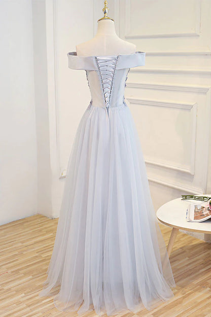 Gray A Line Off the Shoulder Lace Tulle Satin Long Prom Dress Evening Dress DP1301