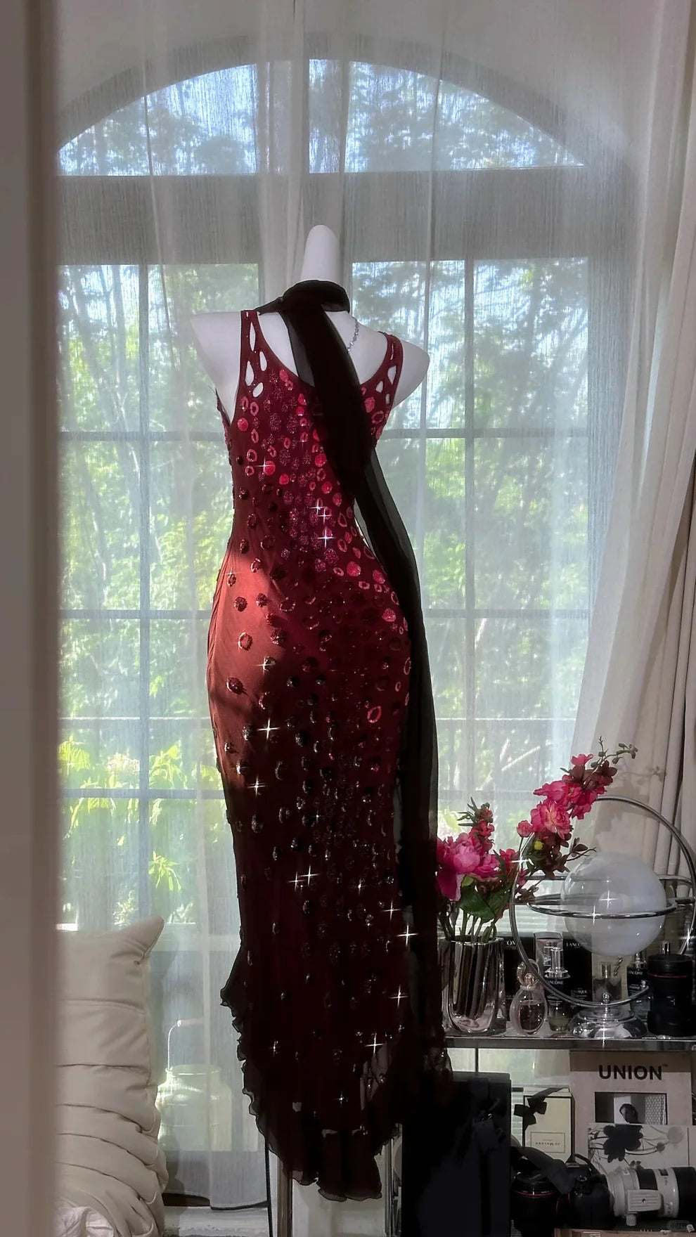 Exquisite Mermaid Straps Beaded Burgundy Chiffon Prom Dress Wedding Guest Dress DP3807