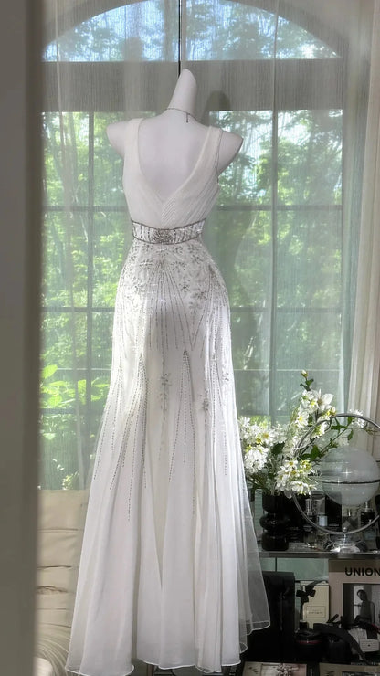 Gentle Mermaid V Neck Shiny Rhinestone White Chiffon Prom Dress Date Dress DP3802