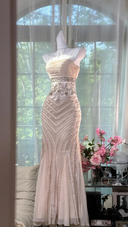 Light Apricot Mermaid Spaghetti Strap Beaded Chiffon Prom Dress Wedding Guest Dress DP3804