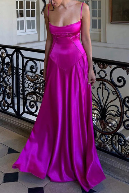 Hot Pink A Line Spaghetti Strap Satin Long Prom Dress Evening Dress DP7119