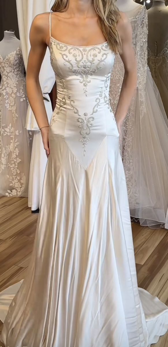Gentle White Mermaid Beaded Satin Prom Dress Formal Dress Wedding Dress DP3394