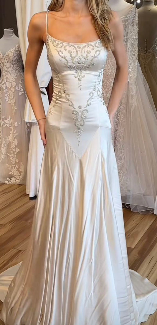 Gentle White Mermaid Beaded Satin Prom Dress Formal Dress Wedding Dress DP3394