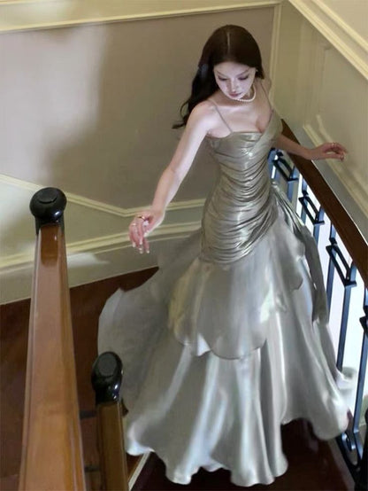 Modest Mermaid Spaghetti Straps Long Prom Dresses Birthday Party Dress Evening Gowns DP4231