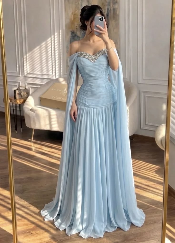 Elegant Baby Blue A Line Exquisite Beaded Chiffon Long Prom Dress Party Dress DP6547