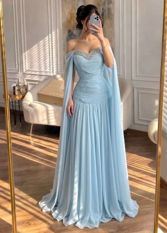 Elegant Baby Blue A Line Exquisite Beaded Chiffon Long Prom Dress Party Dress DP6547