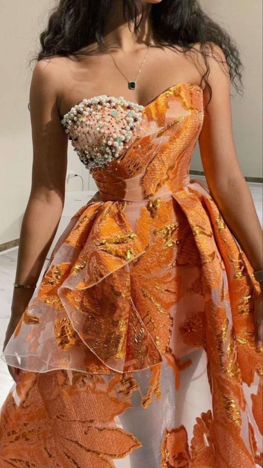 A Line Strapless Floral Print Pearl Tulle Prom Dresses DP829